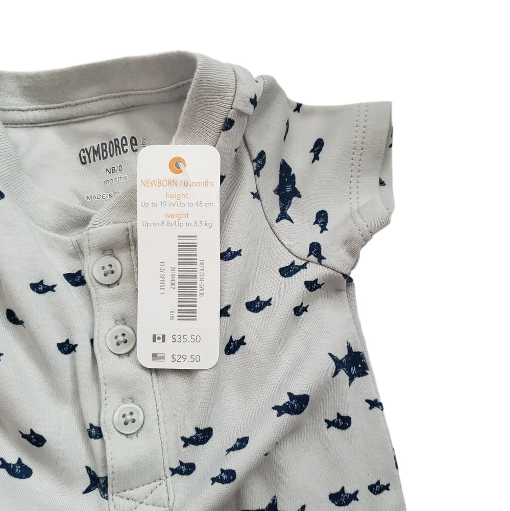 NWT Gymboree Newborn Shark Patterned Short Sleeve Grey Henley Romper Jumpsuit
